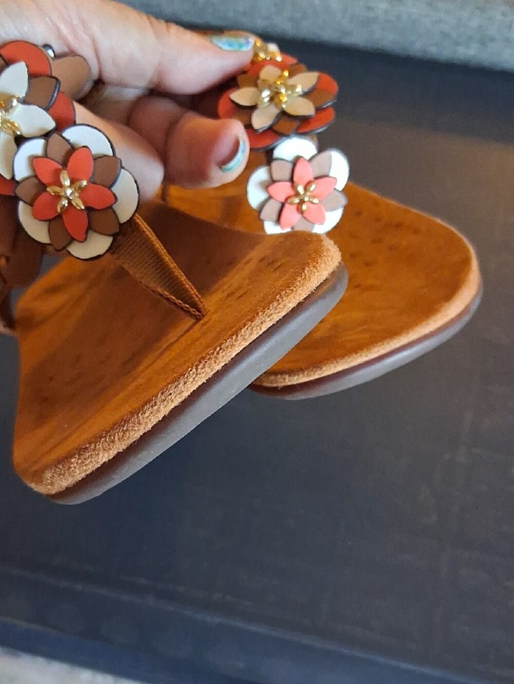 Vionic Brown Paulie T-Strap Sandals with Coral and White Floral Accents - Picture 6 of 14
